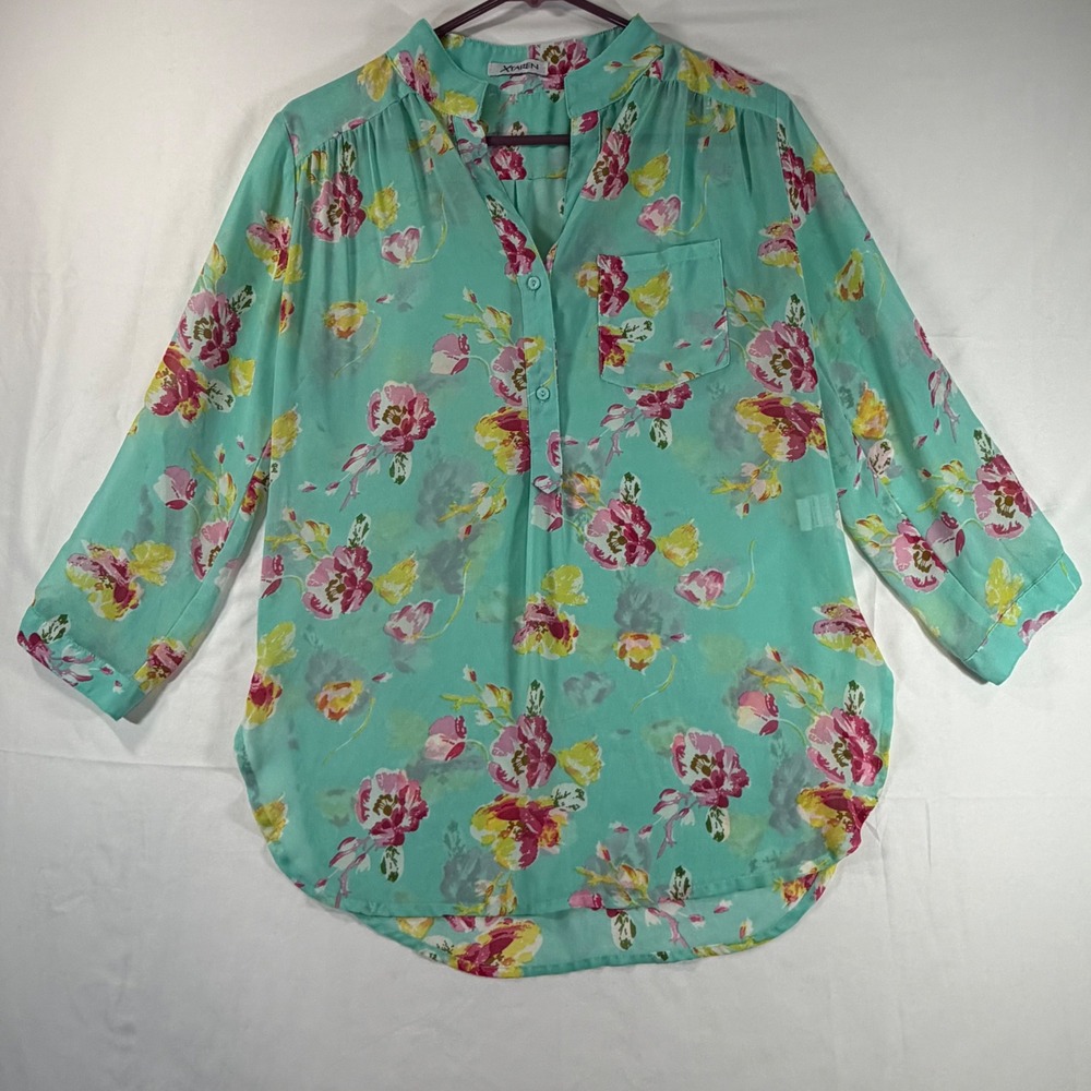 Xtaren Women Aqua Teal Floral Button Tab Sleeve Blouse XA3326P242 Small